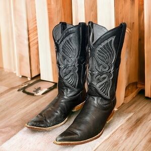 Los Altos Black Leather Cowboy Pointed Toe Boots Rockabilly Western Stitches